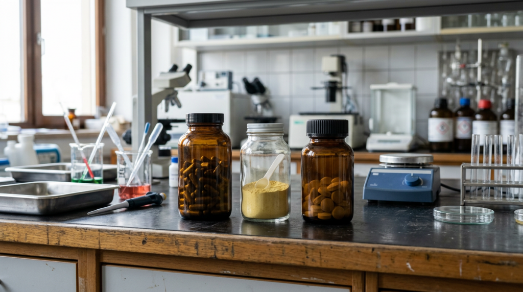 Supplement bottles in a laboratory-inspired setting