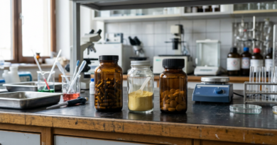 Supplement bottles in a laboratory-inspired setting