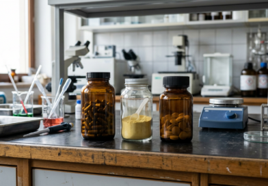 Supplement bottles in a laboratory-inspired setting