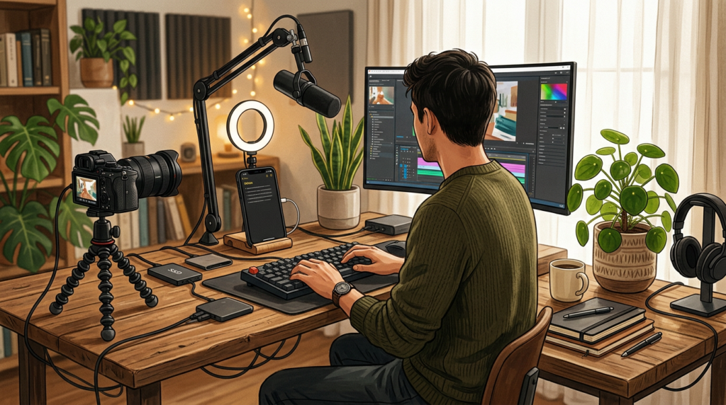 Creator desk with camera and phone