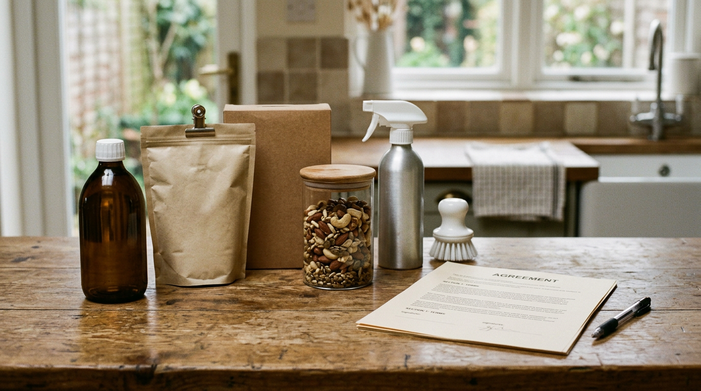 Nutrition and household products beside a legal document and pen