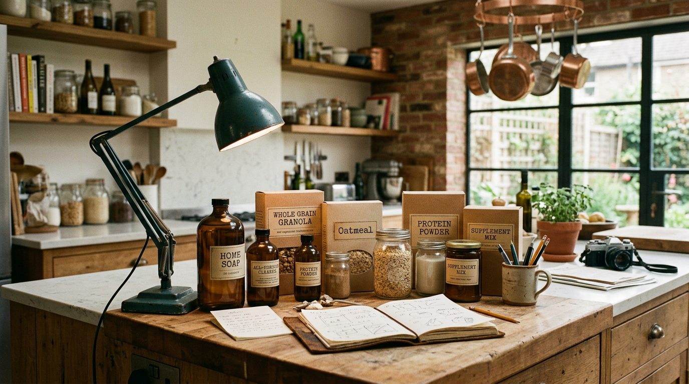 Modern kitchen counter with household and nutrition products