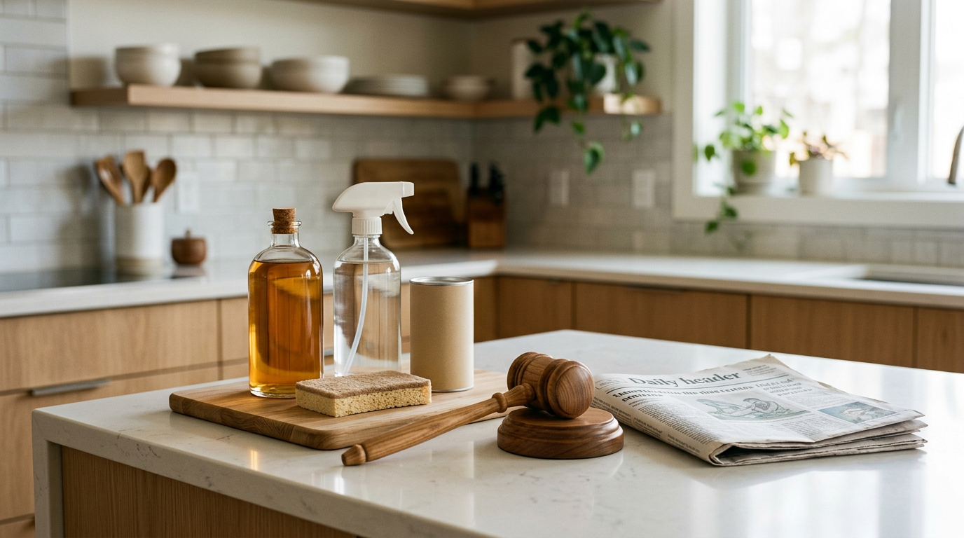 Household products on a kitchen counter beside a gavel and newspaper