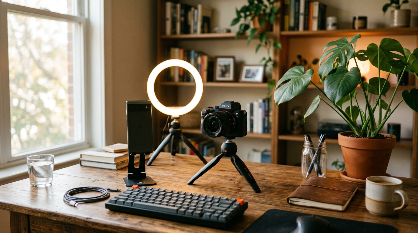 Creator desk with camera illustrating attraction marketing for network marketing