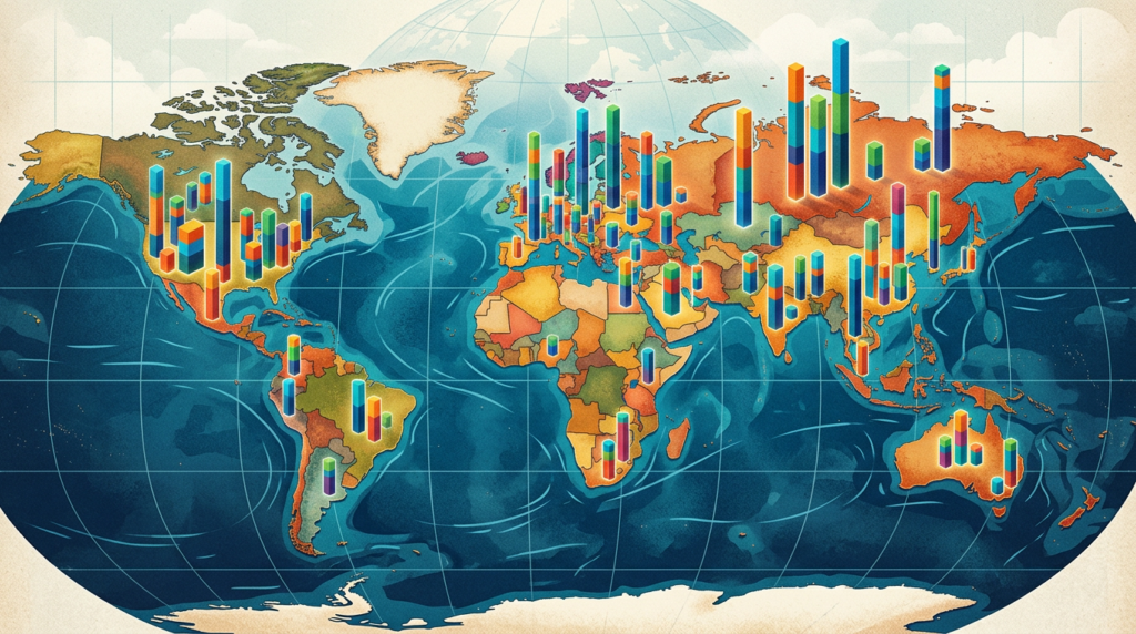 World map with rising bar charts