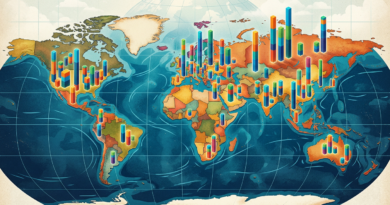World map with rising bar charts