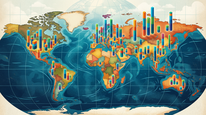 World map with rising bar charts