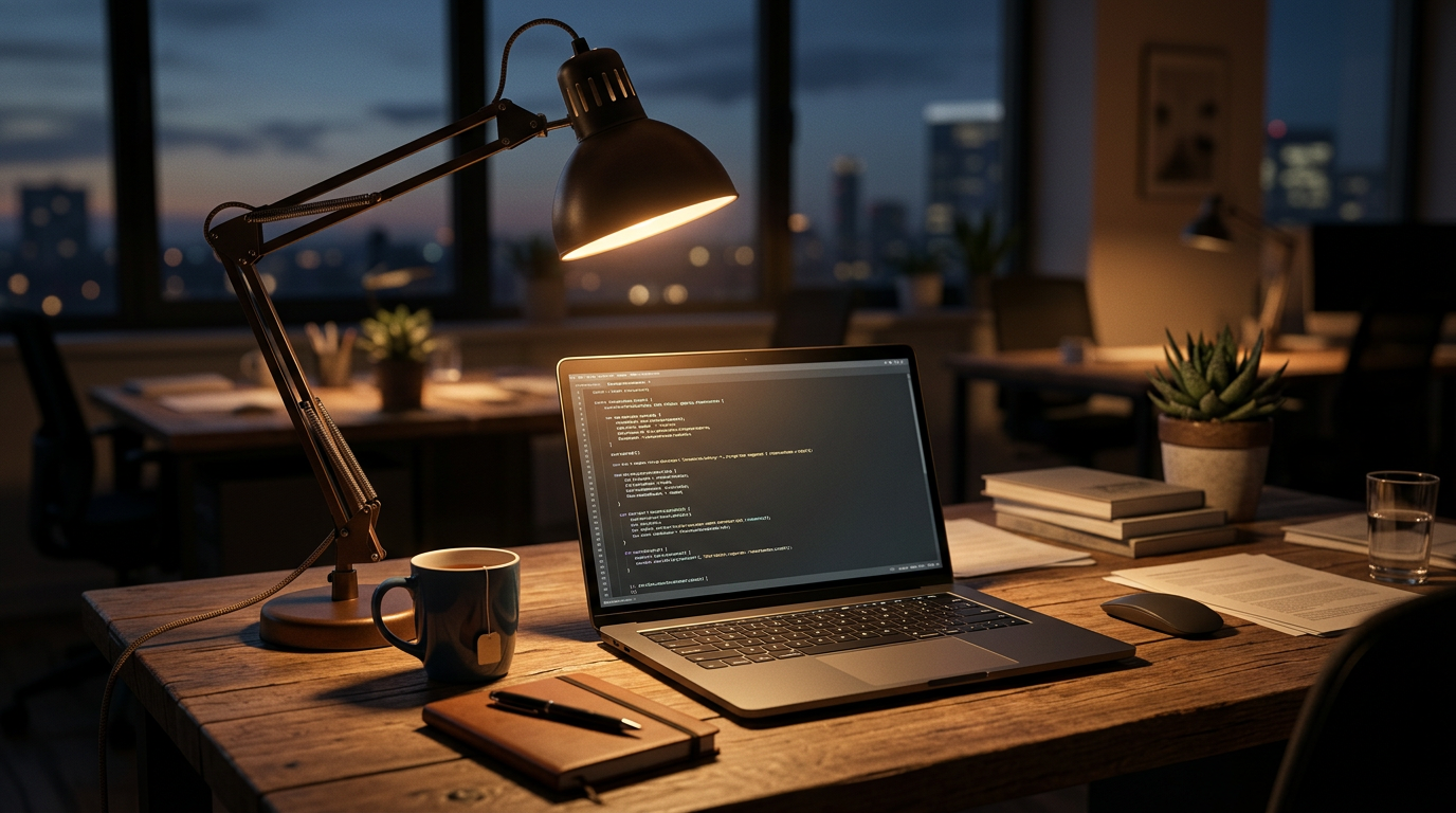 Evening desk lamp over a laptop