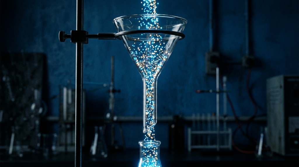 Glass funnel with glowing dots flowing through it