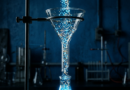 Glass funnel with glowing dots flowing through it
