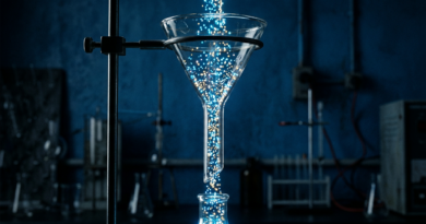 Glass funnel with glowing dots flowing through it