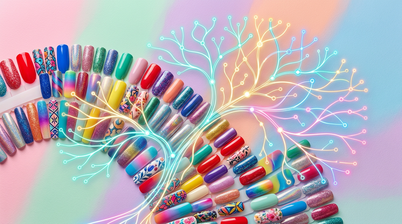 Colorful nail strips on a pastel background with a network diagram