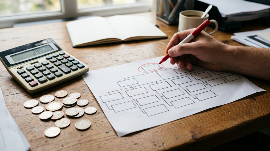 Calculator, coins and an org-chart style diagram