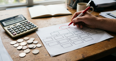 Calculator, coins and an org-chart style diagram
