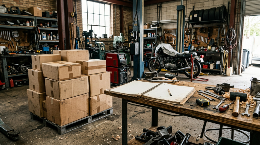 Garage workshop with shipping boxes and notebook