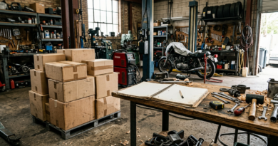 Garage workshop with shipping boxes and notebook