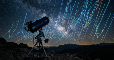 Telescope pointed at sky of rising chart lines
