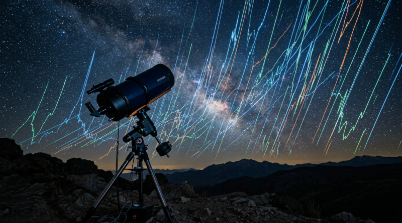 Telescope pointed at sky of rising chart lines
