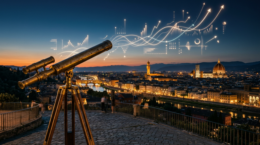 Telescope aimed at rising chart lines in a twilight sky