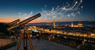 Telescope aimed at rising chart lines in a twilight sky