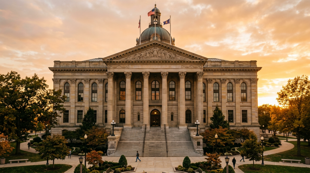 Courthouse exterior with columns at golden hour