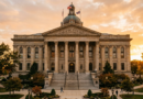Courthouse exterior with columns at golden hour