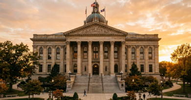 Courthouse exterior with columns at golden hour