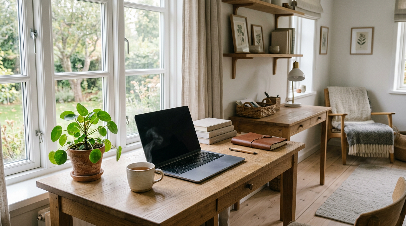 Cozy home office illustrating a direct selling side hustle
