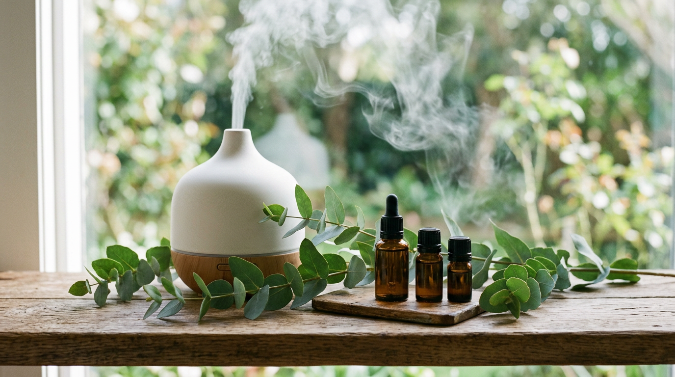Essential oil bottles with eucalyptus leaves and diffuser mist
