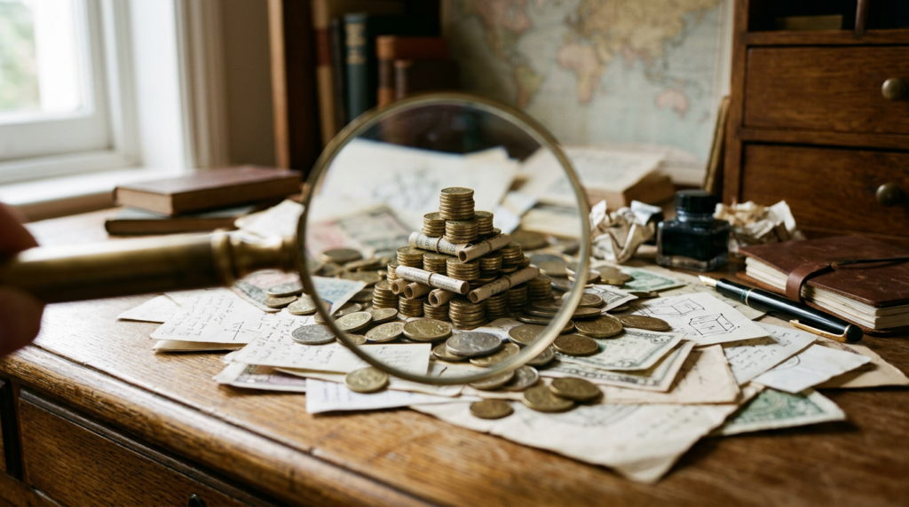 Magnifying glass revealing a pyramid shape in coins