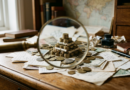 Magnifying glass revealing a pyramid shape in coins