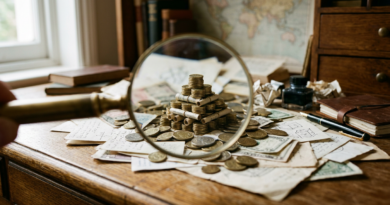Magnifying glass revealing a pyramid shape in coins