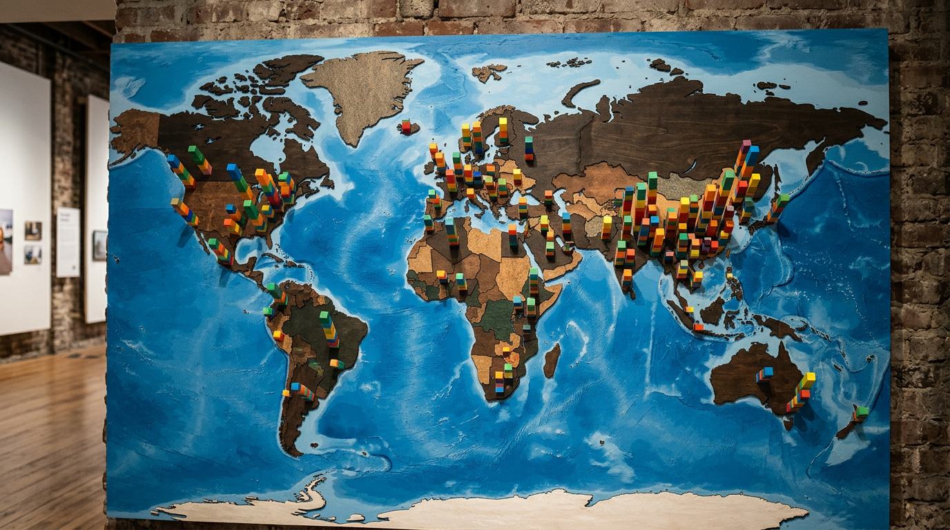 World map with stacked bar charts