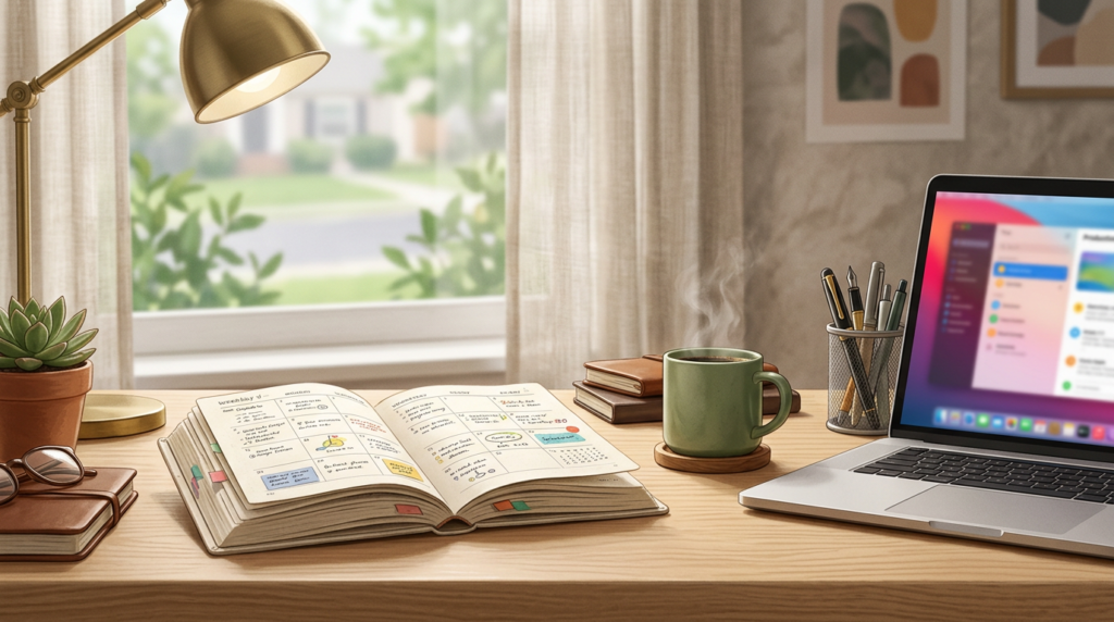 Planner, coffee and laptop on a desk
