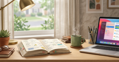 Planner, coffee and laptop on a desk