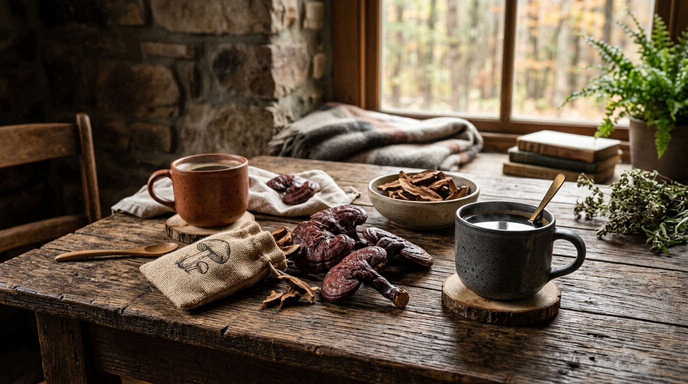 Reishi mushrooms and coffee cups on a rustic table for a DXN review