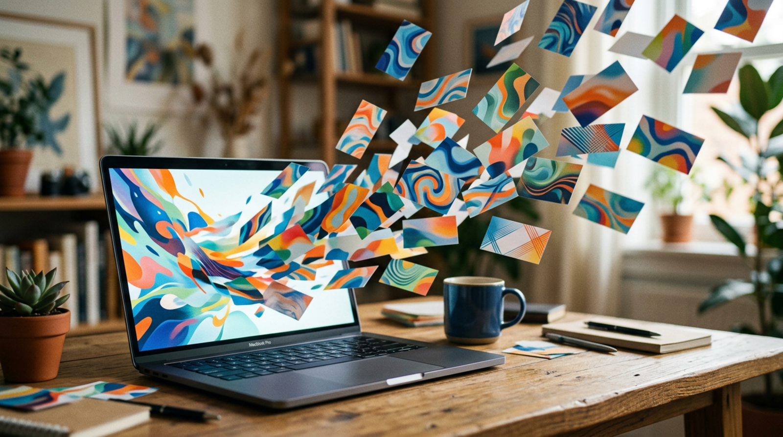 Laptop with abstract contact cards floating out of the screen