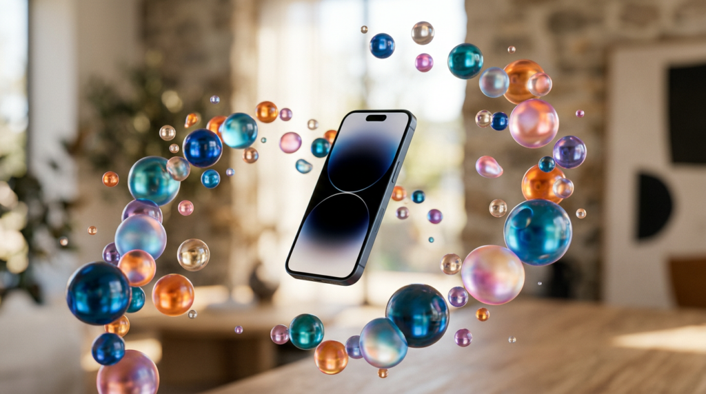 Floating abstract social bubbles around a phone