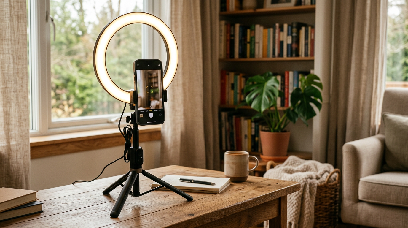 Smartphone on a tripod with a ring light