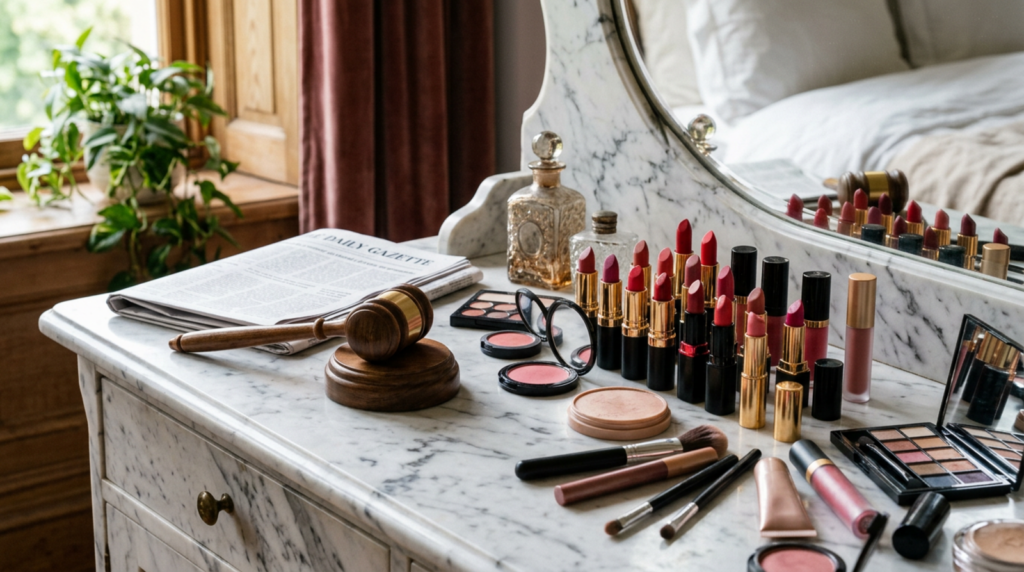 Gavel and newspaper beside cosmetics on a marble vanity