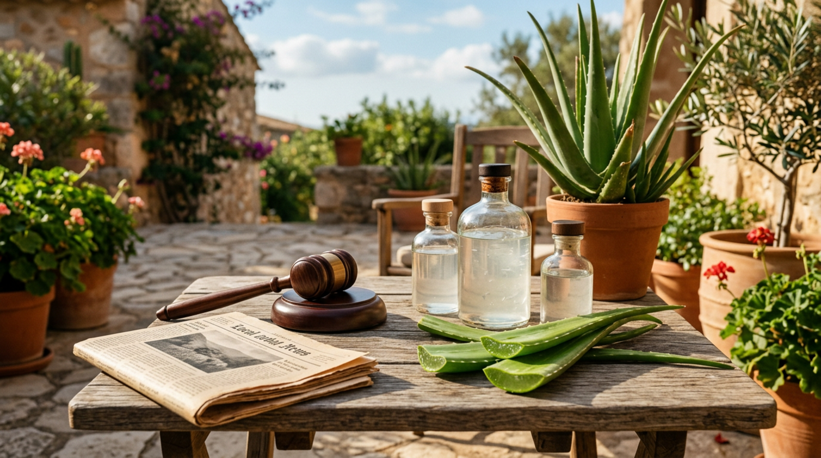 Aloe vera leaves and gel bottles beside a gavel and newspaper