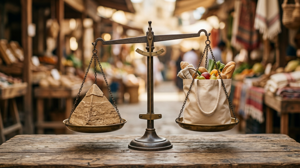 Balance scale weighing a pyramid against a shopping bag