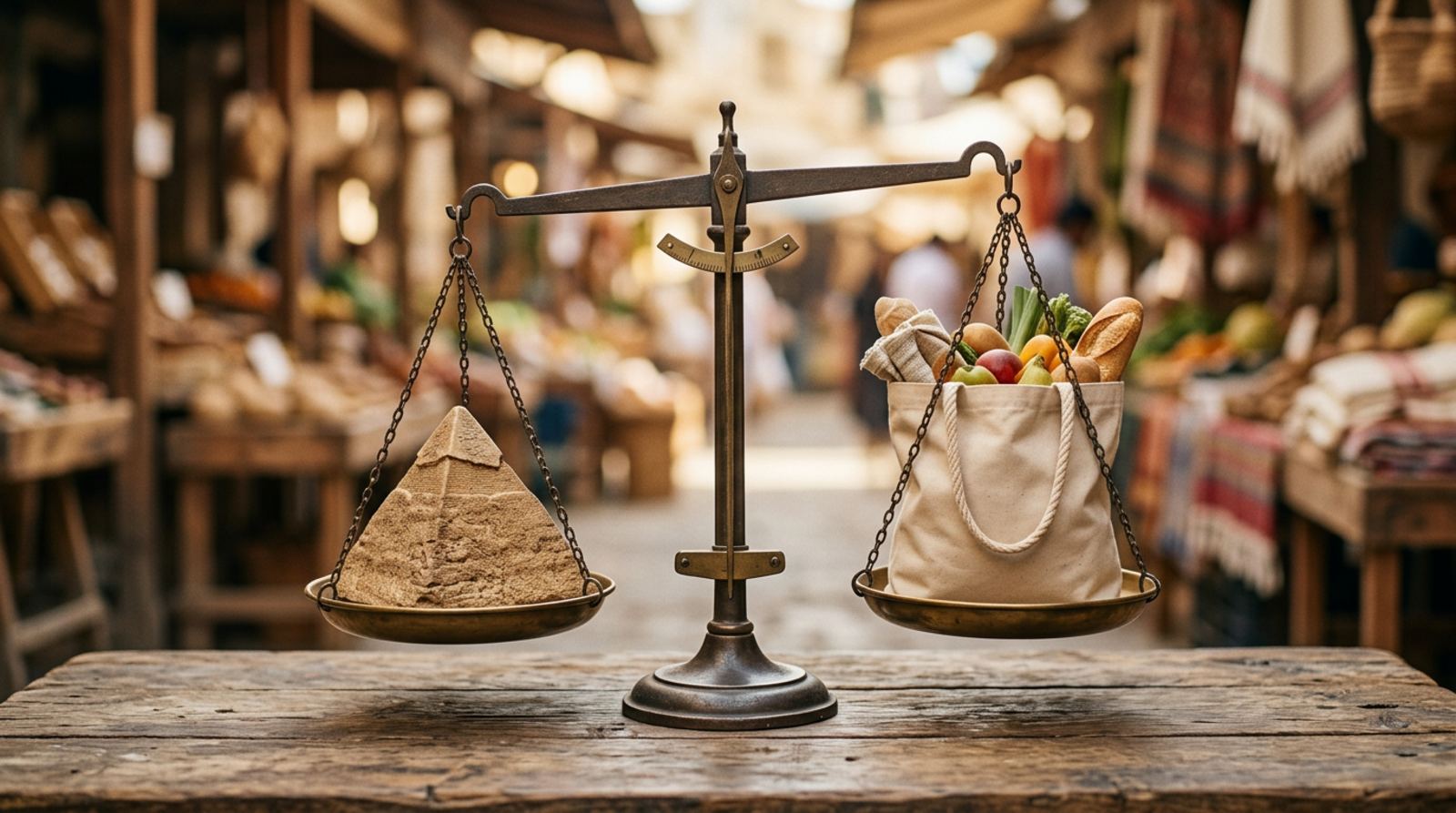 Balance scale weighing a pyramid against a shopping bag