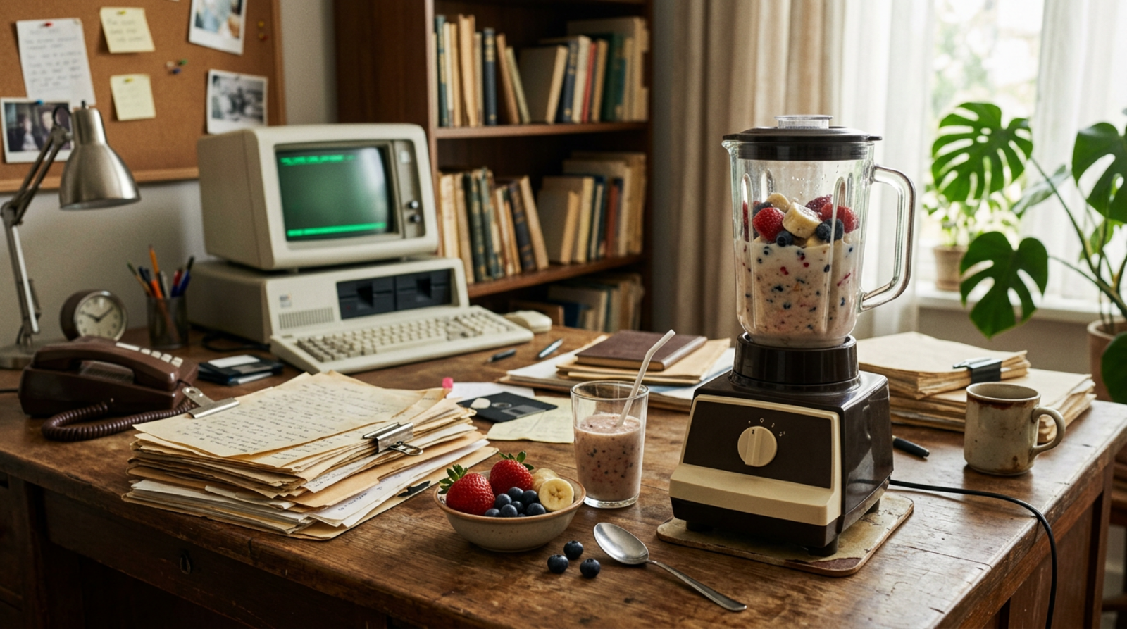 Vintage workspace with a protein shake in a blender and fresh fruit