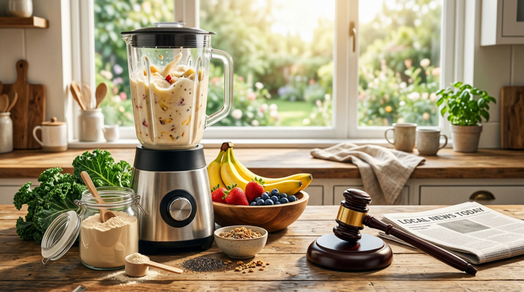 Blender, fruit and gavel
