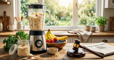 Blender, fruit and gavel
