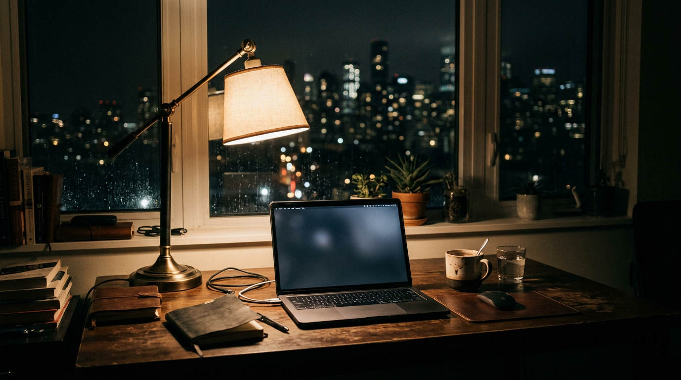 Laptop under desk lamp at night illustrating home business ideas 2026