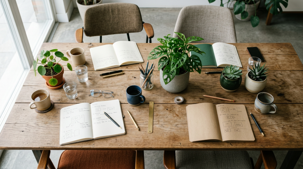 Team table with notebooks and plants from above