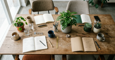 Team table with notebooks and plants from above