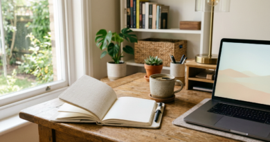 Planner, coffee and laptop on bright desk